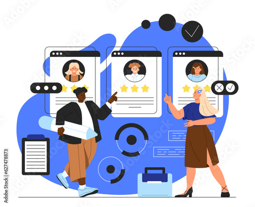 HR recruitment concept. Recruitment to company and organization. Woman and man evaluate resumes of candidates for vacancy. Ranking and rating of curriculum vitae. Cartoon flat vector illustration