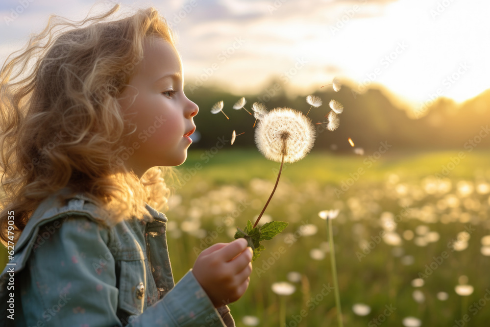 Cute little girl blowing dandelions in a sunny flower meadow Cute little girl blowing dandelions in a sunny flower meadow