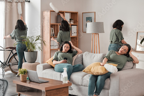 Woman, cleaning home and living room composite to remove dust, bacteria and dirt for health, wellness and hygiene. Chores, collage and person with housework, service and maid relax with phone on sofa photo