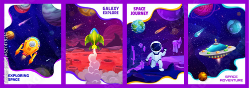 Cartoon space posters with spaceships, UFO, astronaut and rocket on galaxy landscape vector background. Universe planets, asteroids, comets and stars with spacecraft and spaceman, space travel