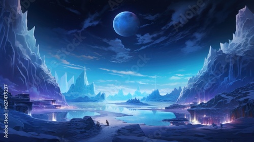 Frozen, snowy wasteland with ice formations, polar animals, and the aurora borealis in the sky game art © Damian Sobczyk