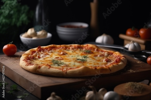 Pizza close up view. Pizza with cheese and fresh herbs. Generative AI
