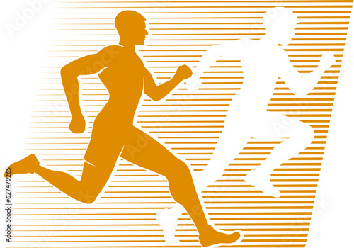 Marathon run sport icon of runner man silhouette, health club vector emblem. Marathon run club or jogging race and speed sprint sport competition badge with running man silhouette of athletic sprinter