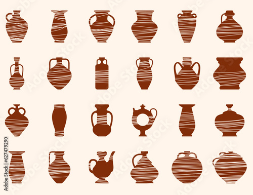 Natural ancient vases and jugs set. Vases with a linear pattern. Vector pottery icons for design. ceramic pot set. Vector illustration for liquids of various shapes. Design elements