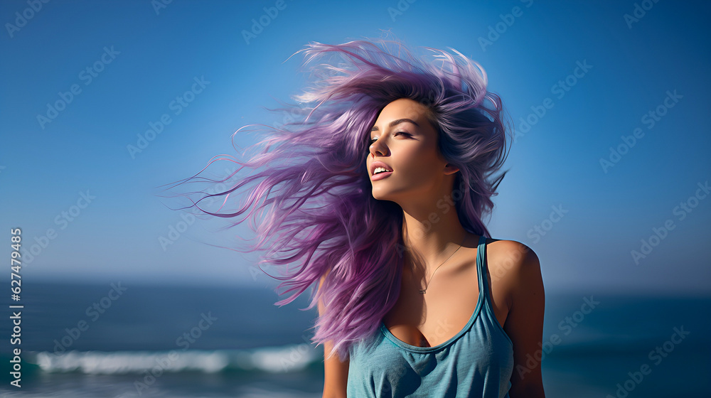 Young beautiful woman with purple hair on the background of the sea