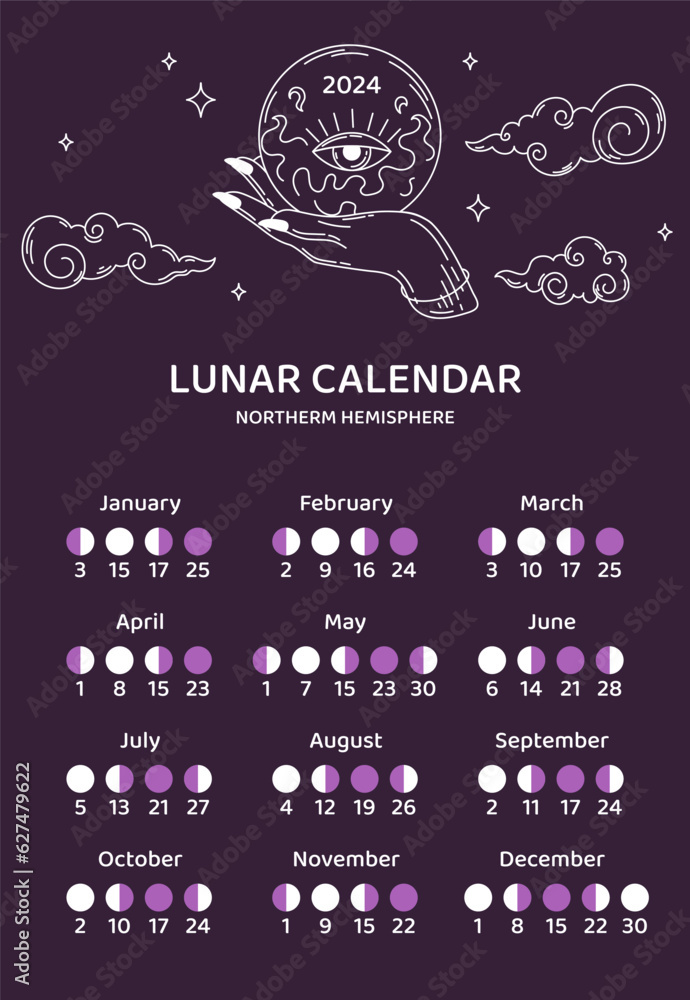 Lunar calendar template concept. and with Northern Hemisphere. Occultism and astrology. Lunar phase and cycle schedule. Poster or banner for website. Cartoon flat vector illustration Lunar calendar template concept. and with Northern Hemisphere. Occultism and astrology. Lunar phase and cycle schedule. Poster or banner for website. Cartoon flat vector illustration