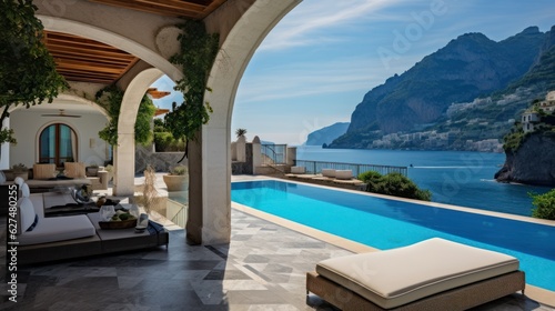 Luxurious villa nestled along the breathtaking Amalfi Coast of Italy  with panoramic views of the sparkling Mediterranean Sea and cliffside terraces