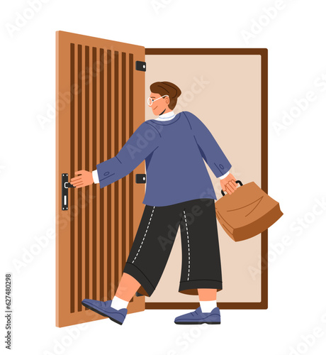 Man opening door concept. Guy near entrance to home or office. Worker or businessman with opportunities. Template, layout and mock up. Cartoon flat vector illustration isolated on white background