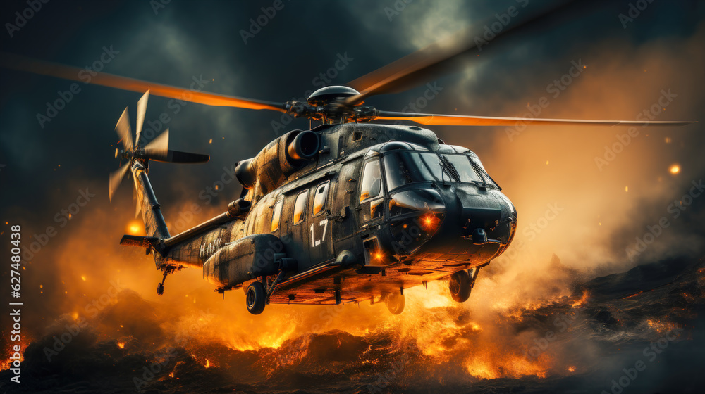 Military Helicopter Danger Urgency in the Air over Burning Ground and Smoke Landscape AI Generated Military Helicopter Danger Urgency in the Air over Burning Ground and Smoke Landscape AI Generated