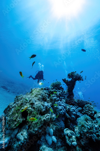 Woman diver in sun rays with corals on background in Egypt