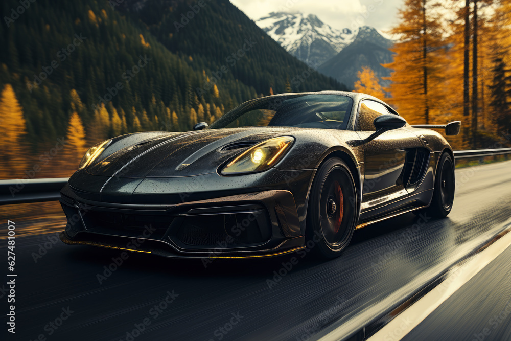 Naklejka premium Road trip in a luxury sports car on a mountain serpentine at high speed