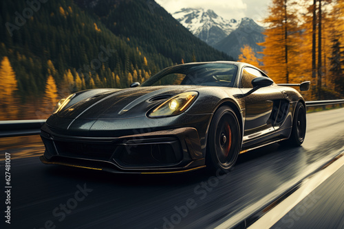 Road trip in a luxury sports car on a mountain serpentine at high speed © staras