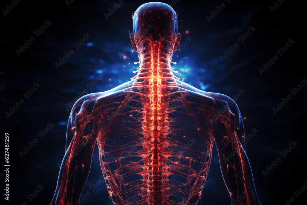 Hernia of the cervical spine, neck pain, man suffering from backache, spondylosis of the intervertebral disc, health problems concept Hernia of the cervical spine, neck pain, man suffering from backache, spondylosis of the intervertebral disc, health problems concept