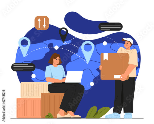 Raw material supply concept. Man and woman with boxes in warehouse. Transportation and logistics. Globalization and international trade. Import and export. Cartoon flat vector illustration