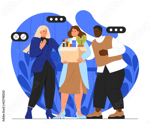 People in resignation concept. Woman leaves office with box of her belongings. Young girl leaving company or organization. Dismissed employee or worker. Cartoon flat vector illustration