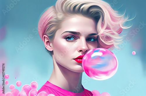 White Girl Chewing Bubblegum Background Generative AI