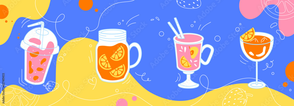 Summer drinks in glasses concept. Cold alcohol for summer season. Fresh cocktails with ice for hot weather. Tasty l iquid and beverage for cafe or restaurant. Cartoon flat vector illustration Summer drinks in glasses concept. Cold alcohol for summer season. Fresh cocktails with ice for hot weather. Tasty l iquid and beverage for cafe or restaurant. Cartoon flat vector illustration