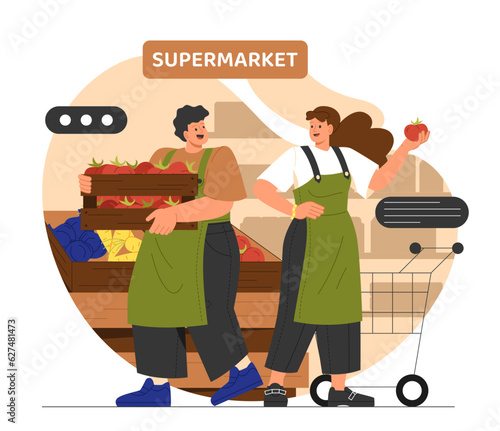 Supermarket workers concept. Man and woman with box of tomatoes, natural and organic products. Retail and merchandising. Store or shop workers, staff. Cartoon flat vector illustration