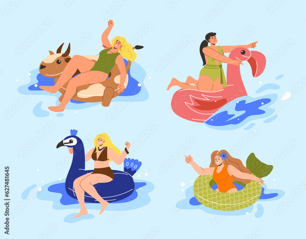 Fototapeta premium Women swim on inflatable floats set. Young girls in colorful swimsuits on lifebuoys in pool or sea. Summer holiday and leisure. Vacation and tourism. Cartoon flat vector collection