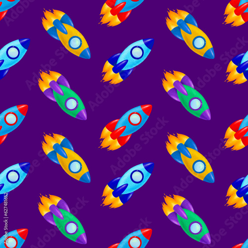 Rockets seamless pattern. Cute colorful rockets, children hand drawn illustration on purple background