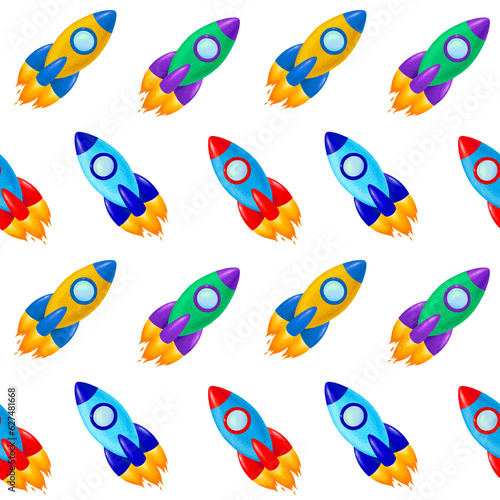 Rockets seamless pattern. Cute colorful rockets, children hand drawn illustration, isolated on white background
