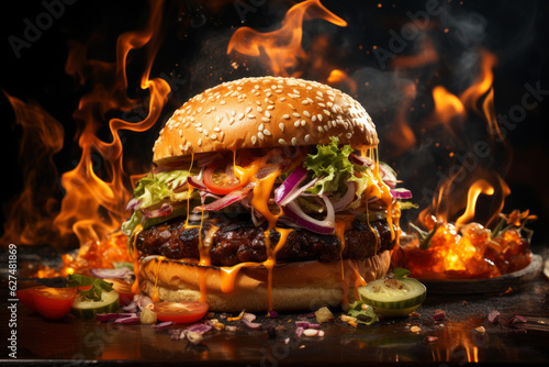 Delicious juicy big burger with meat, cheese and vegetables, hamburger with smoke and flames