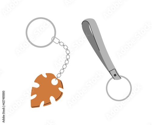 Set of trinkets concept. Toys on pendant for keys. Keychains pack. Orange steel leaf. Stickers for social networks and messengers. Cartoon flat vector collection isolated on white background
