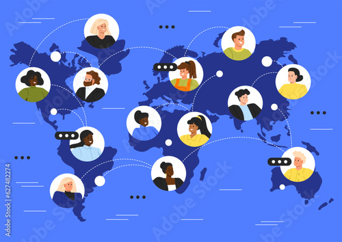 World map with people concept. Men and women communicate in social networks and instant messengers  globalization. Distance communication and interaction. Cartoon flat vector illustration