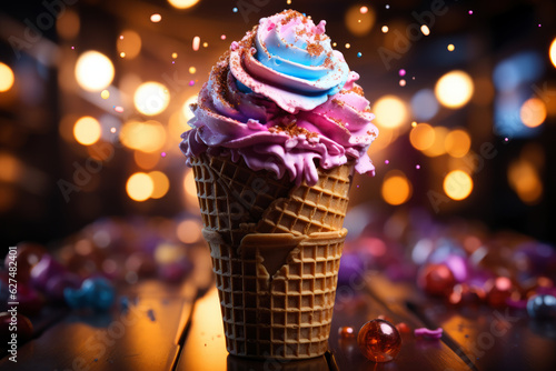 Delicious creamy icecream, ice cream scoops in waffle cones on colored background