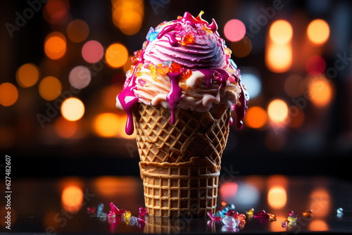 Delicious creamy icecream, ice cream scoops in waffle cones on colored background