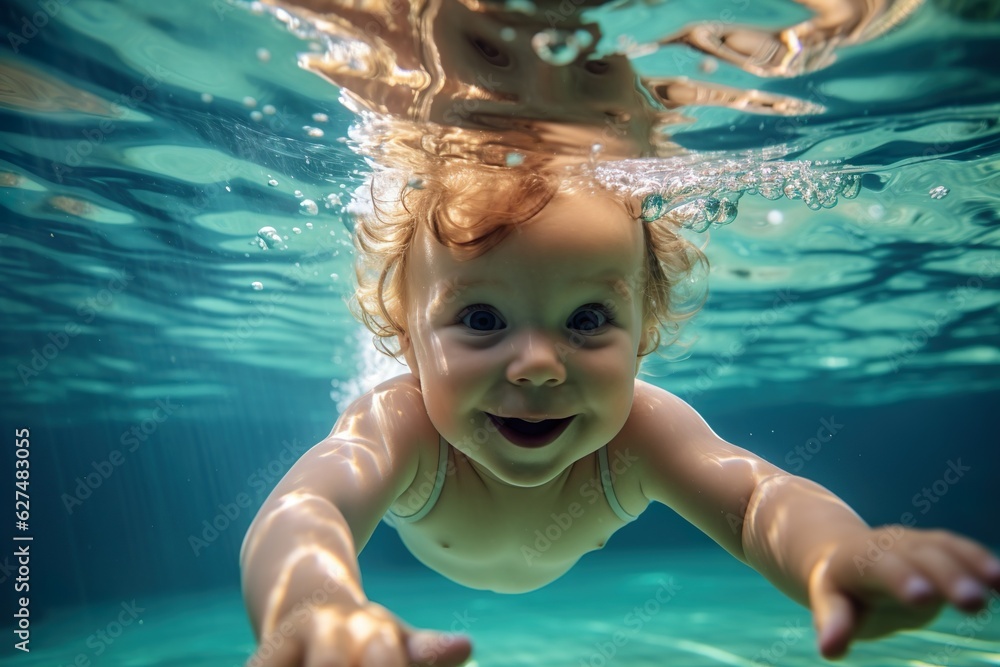 Adorable baby swiming underwater. Diving toddler. High quality photo | Generative AI