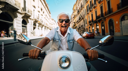 Retired senior man on a scooter, happy enjoying Italy vacation, mediterranean europe country and pension plan concept, retirement