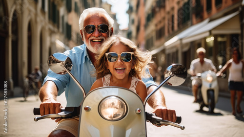 Retired senior granddad and granddaughter on a scooter, happy enjoying Italy vacation, mediterranean europe country and pension plan concept, retirement