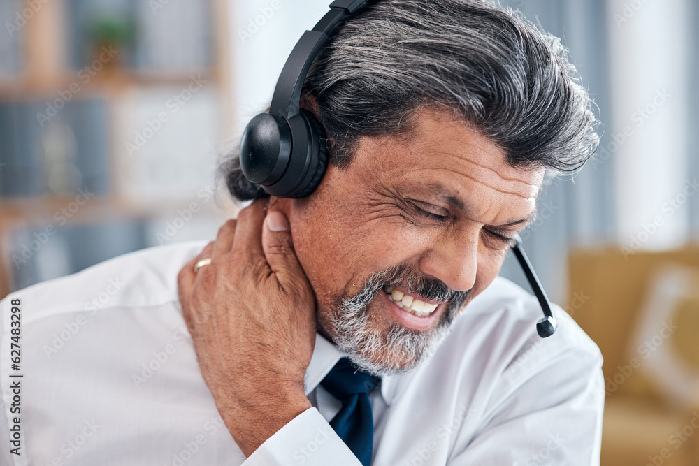 Neck pain problem, call center and business man with anatomy injury crisis, sore muscle or fibromyalgia strain, risk or hurt. Face, customer service or office person, consultant or agent with tension Neck pain problem, call center and business man with anatomy injury crisis, sore muscle or fibromyalgia strain, risk or hurt. Face, customer service or office person, consultant or agent with tension