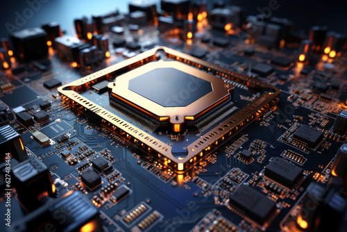 Futuristic future motherboard design with CPU socket, microchips, microprocessors, integrated circuits and connectors for connection, technology science background