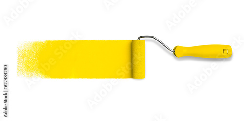 Roller paint tool with long yellow paint track stroke isolated on white