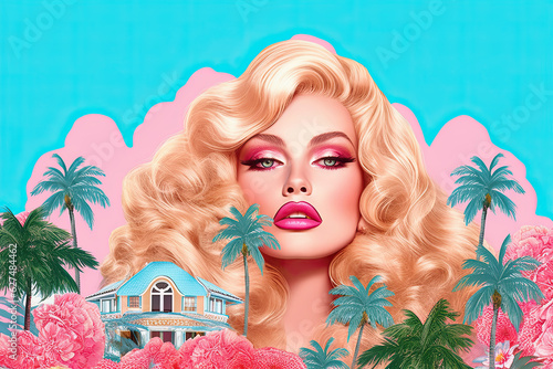 60s beautyful blonde woman with tropical flowers and plants over blue sky