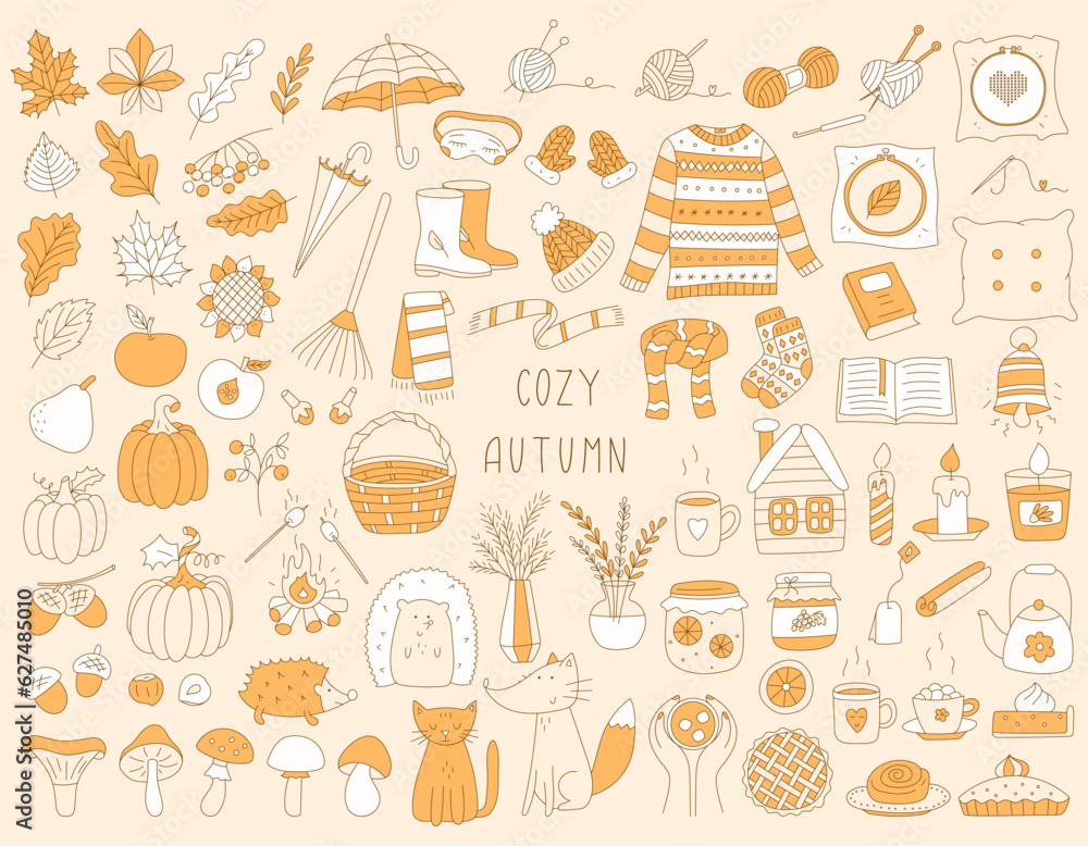 Set of hand drawn elements symbolizing autumn, comfort, harvest. Color monochrome design objects for fall, autumn design. Warm clothes, leaves, hot drinks. Cute vector illustrations