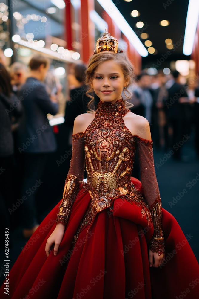 young girl in red luxurious dress adorned with precious stones on red carpet, made with Generative AI