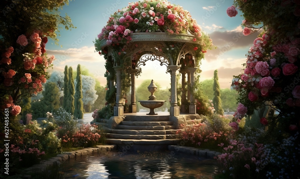 Obraz premium A beautiful bandstand sometimes a music kiosk with flowers. Generative AI