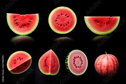 set of watermelon slices on black background.