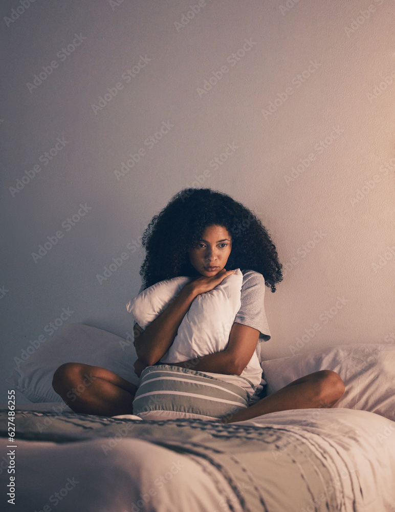 Sad, woman and thinking with depression and pillow hug at home with anxiety. House, female person and tired about mental health problem on a bed with stress and frustrated feeling lonely from fail Sad, woman and thinking with depression and pillow hug at home with anxiety. House, female person and tired about mental health problem on a bed with stress and frustrated feeling lonely from fail