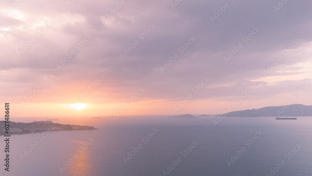 Aerial photos of the coast of Lechería, Anzoátegui State, los canals beach. Photos of the horizon over the sea, palya, oil tankers, sky, nbes, sunset