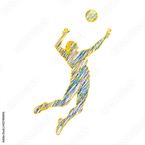  colorful doodle illustration of a female volleyball player doing a jump serve