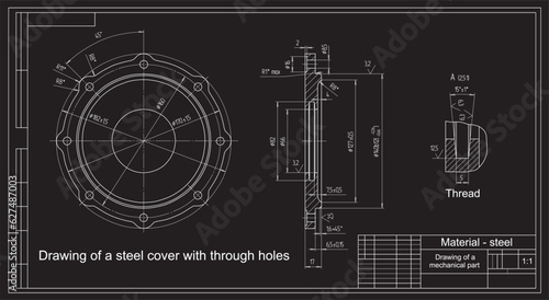 Vector drawing of a round mechanical part with through holes. Steel cover with thread. Engineering cad scheme.