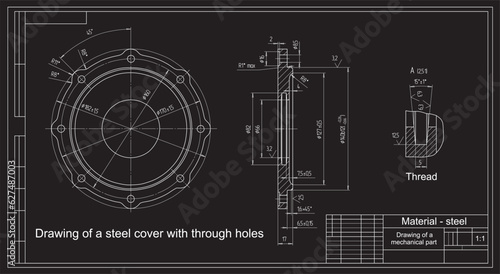 Vector drawing of a round mechanical part with through holes.
Steel cover with thread. Engineering cad scheme.