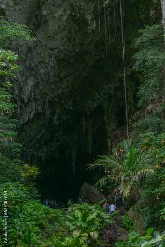 Cueva del guacharo, seen from outside and from inside. Caripe, Monagas, State, Guacharos cave with spectacular stalagmites and stalactites of various shapes. Daylight entering a hole in the top.Cave  © manuel