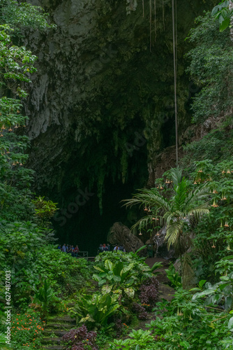 Cueva del guacharo, seen from outside and from inside. Caripe, Monagas, State, Guacharos cave with spectacular stalagmites and stalactites of various shapes. Daylight entering a hole in the top.Cave 
