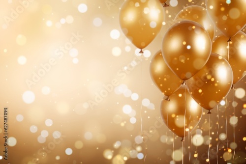 Golden balloons soaring in the air, a celebration party adorned with bokeh background, copy space, Generative AI