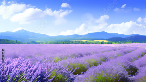 A vast and serene lavender field in full bloom  the fragrance of lavender filling the air  rolling hills and distant mountains in the background  a sense of tranquility and peace prevailing  Photograp